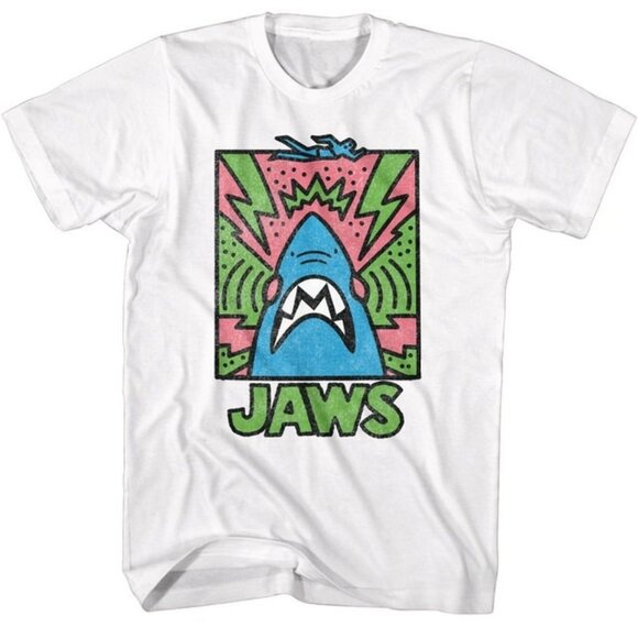Jaws Abstract Doodle Shark Horror Movie Fan Art Graphic White T-Shirt 166 - Picture 1 of 5